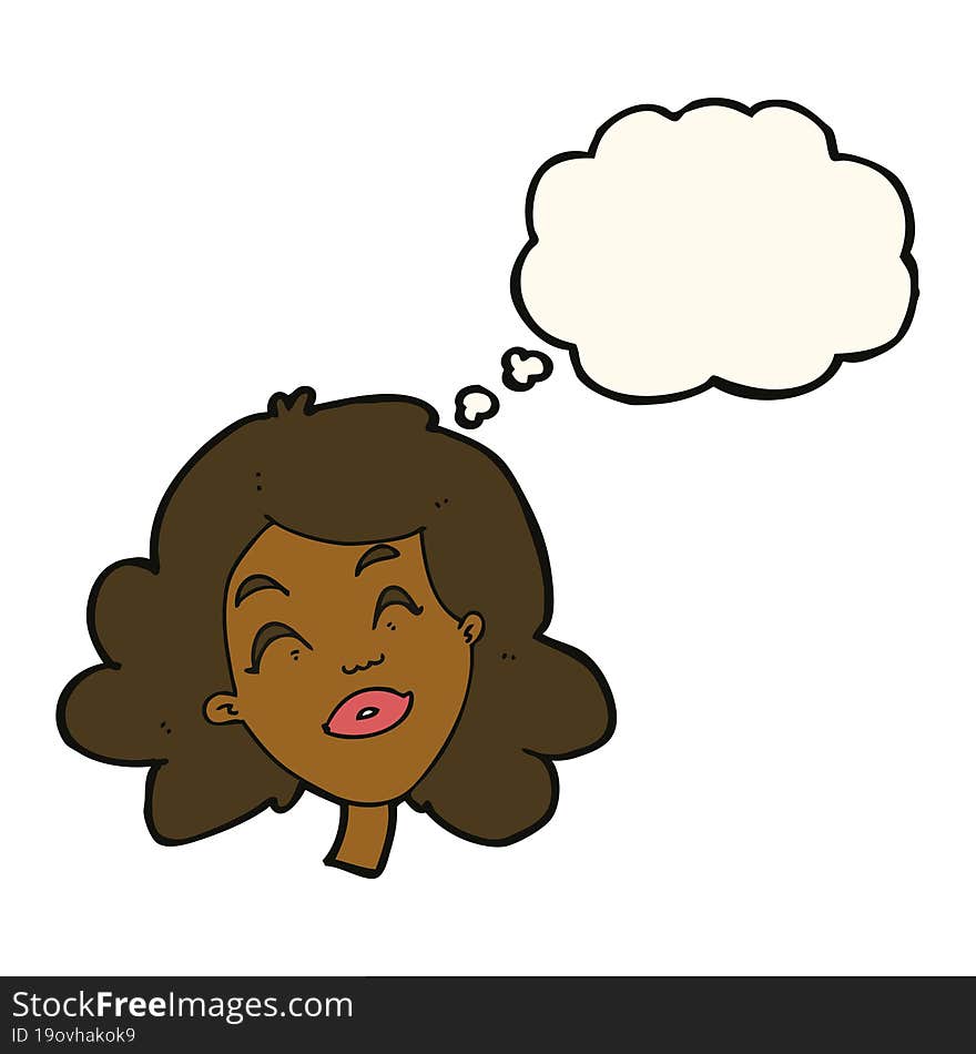 cartoon happy female face with thought bubble