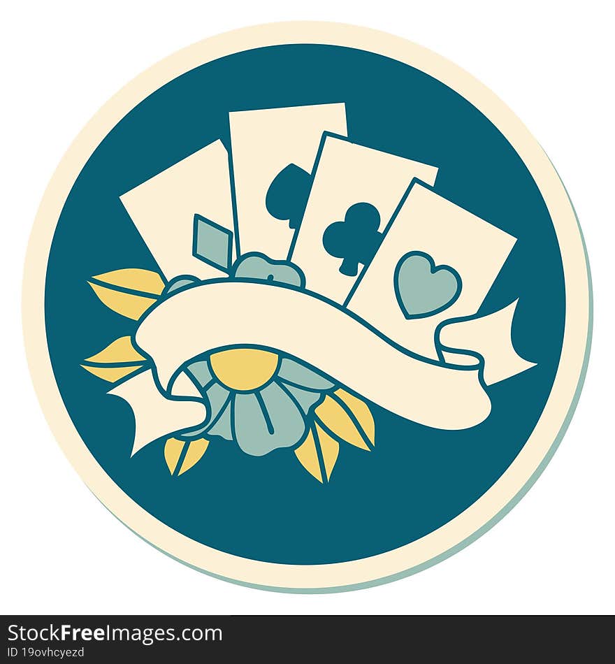 Tattoo Style Sticker Of Cards And Banner