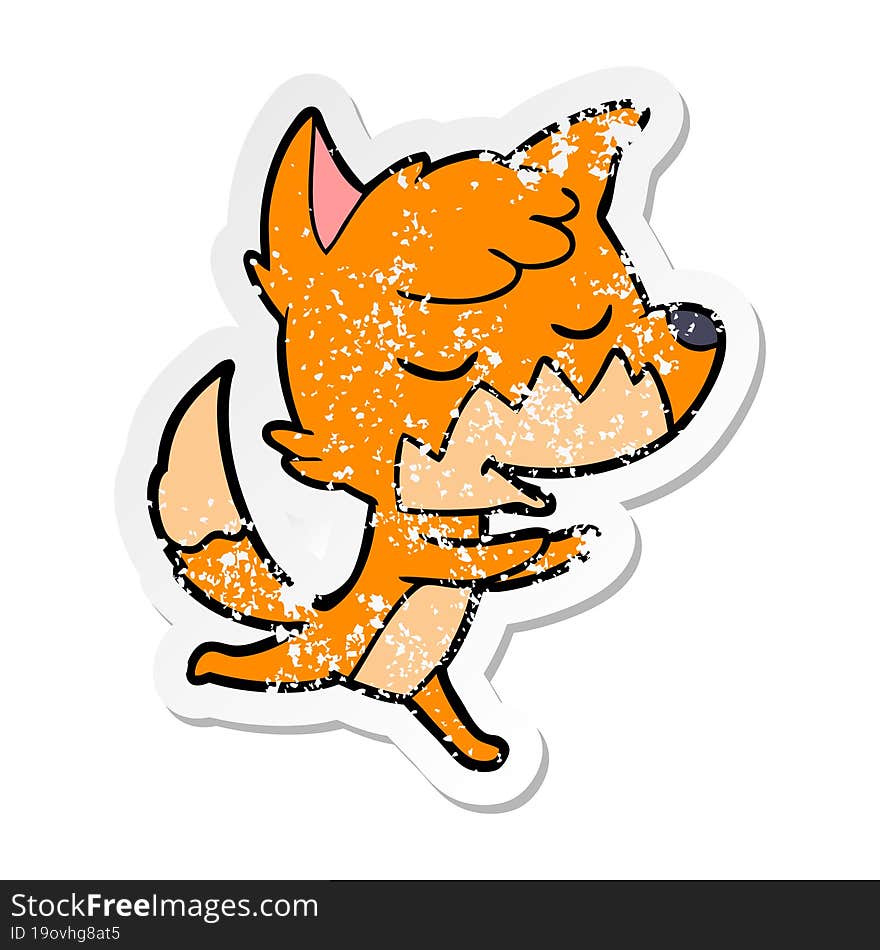 distressed sticker of a friendly cartoon fox running