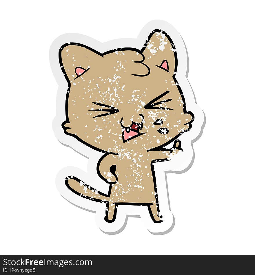 distressed sticker of a cartoon hissing cat