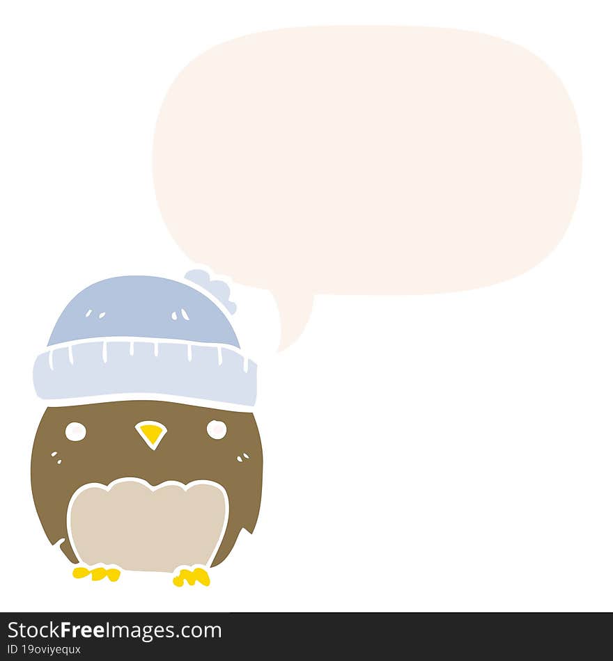 Cute Cartoon Owl In Hat And Speech Bubble In Retro Style