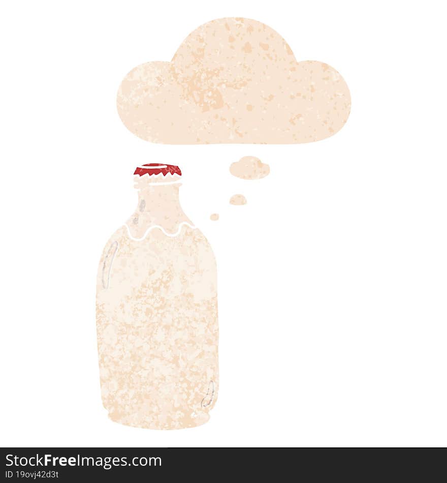 Cartoon Milk Bottle And Thought Bubble In Retro Textured Style