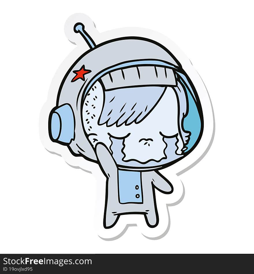 sticker of a cartoon crying astronaut girl waving goodbye