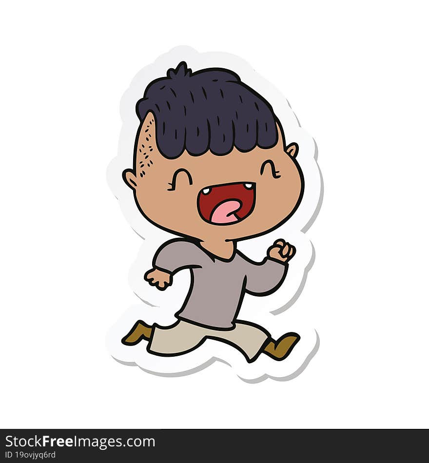 Sticker Of A Cartoon Happy Boy Laughing And Running Away