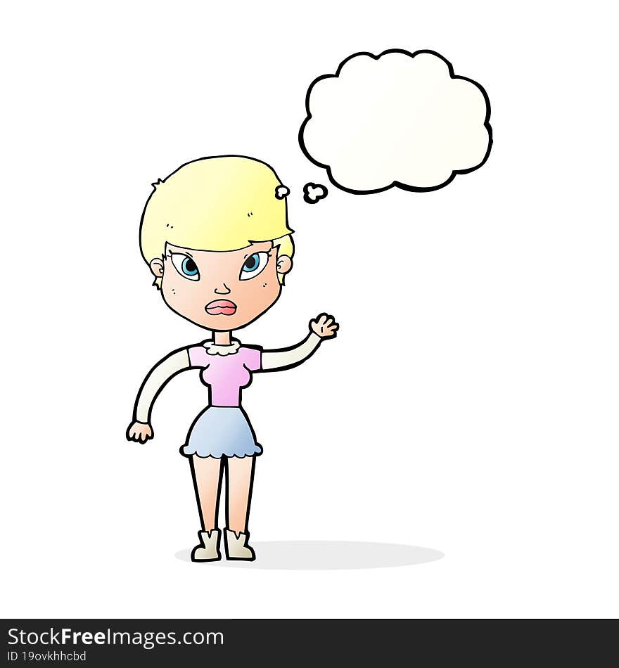 Cartoon Woman Waving With Thought Bubble