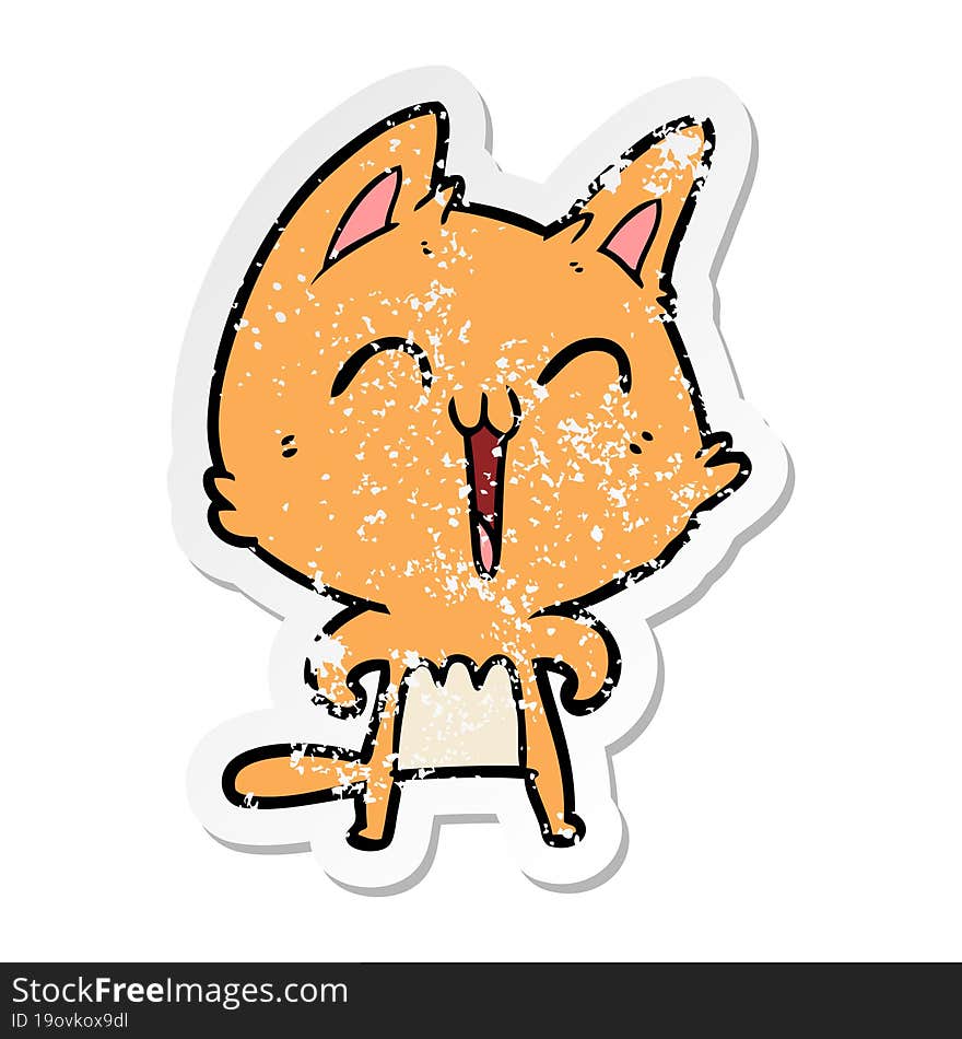 distressed sticker of a happy cartoon cat