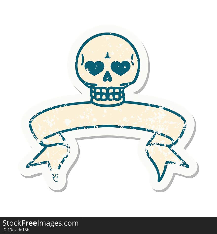 grunge sticker with banner of a skull