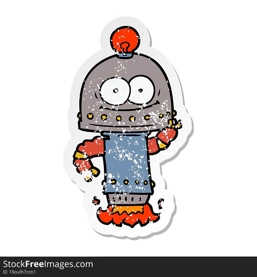 distressed sticker of a happy carton robot with light bulb