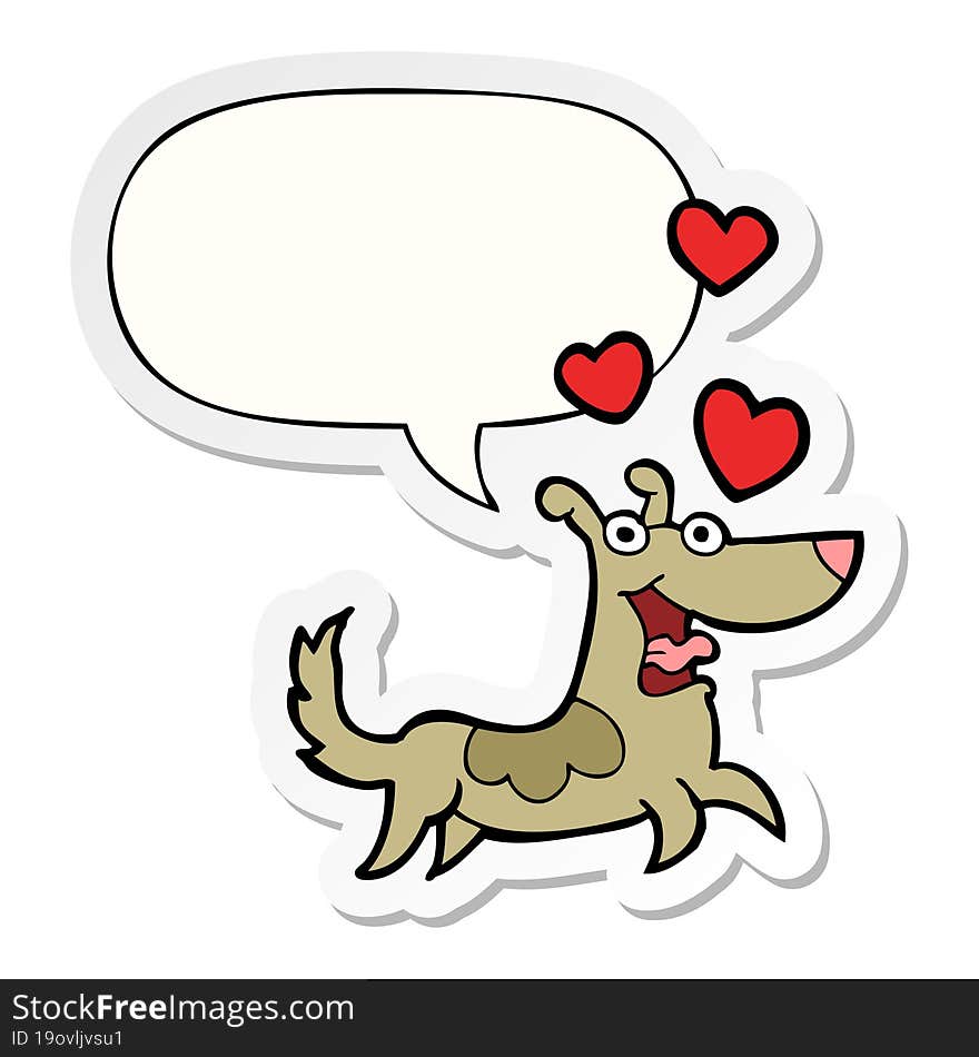 cartoon dog with love hearts with speech bubble sticker. cartoon dog with love hearts with speech bubble sticker