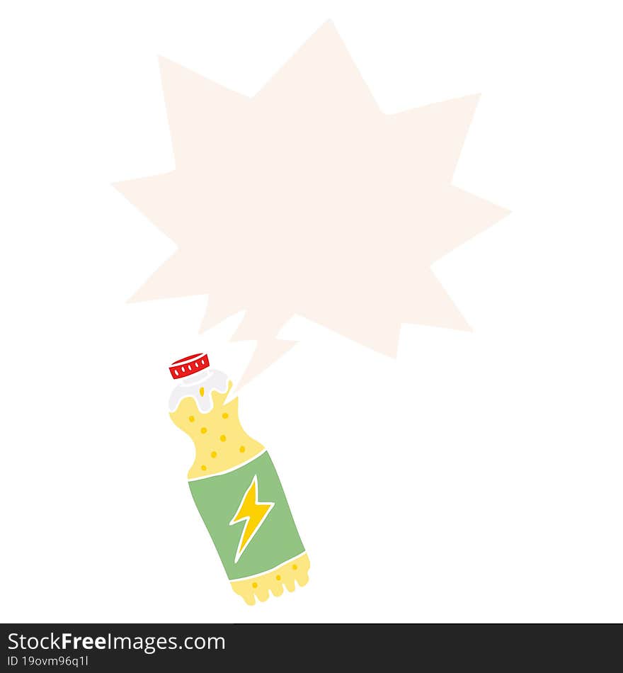 cartoon soda bottle and speech bubble in retro style