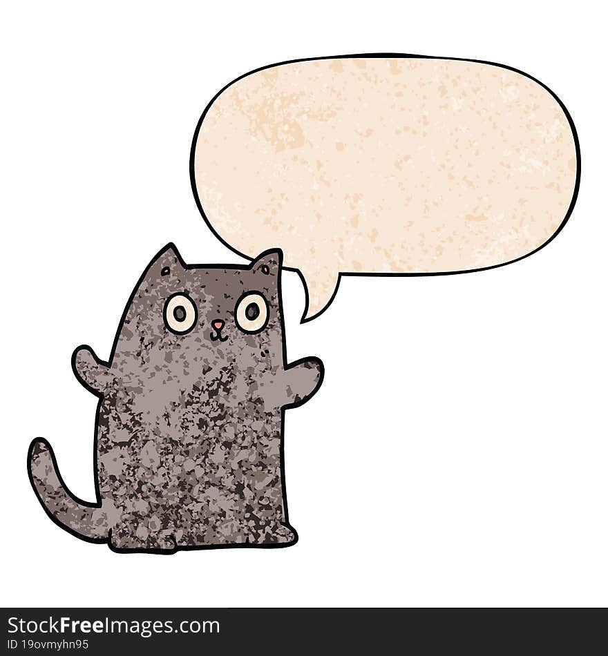 cartoon cat with speech bubble in retro texture style