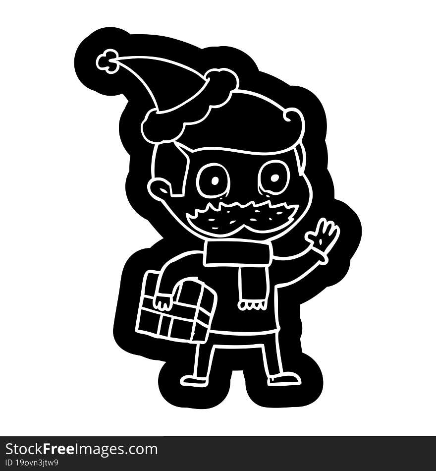 quirky cartoon icon of a man with mustache and christmas present wearing santa hat