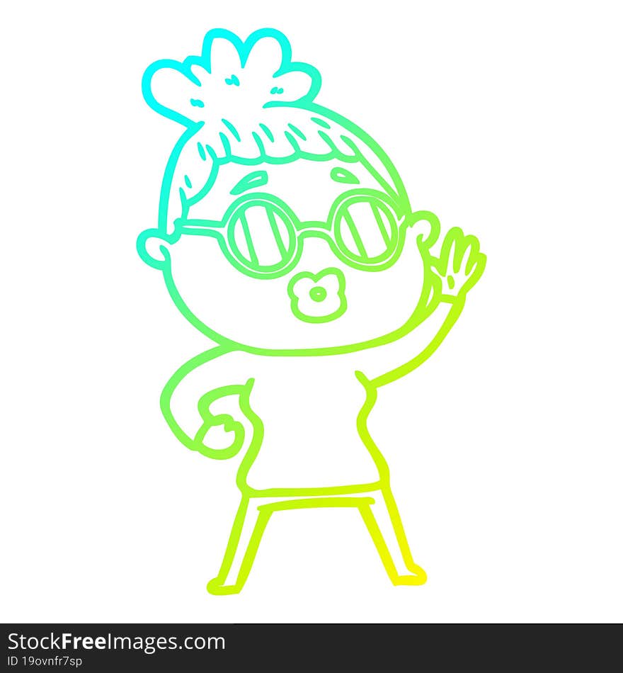 Cold Gradient Line Drawing Cartoon Waving Woman Wearing Sunglasses