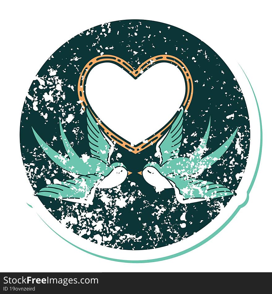 Distressed Sticker Tattoo Style Icon Of A Swallows And A Heart