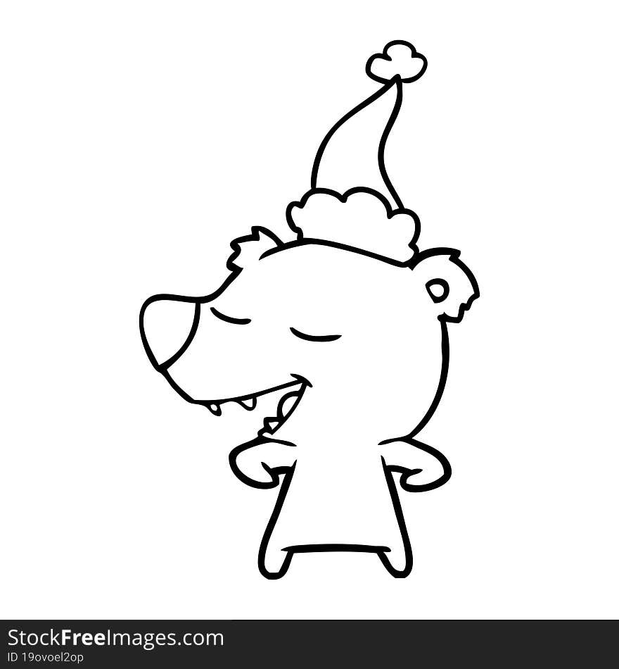 line drawing of a bear wearing santa hat