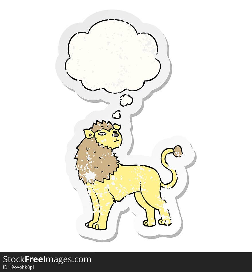 Cartoon Lion And Thought Bubble As A Distressed Worn Sticker