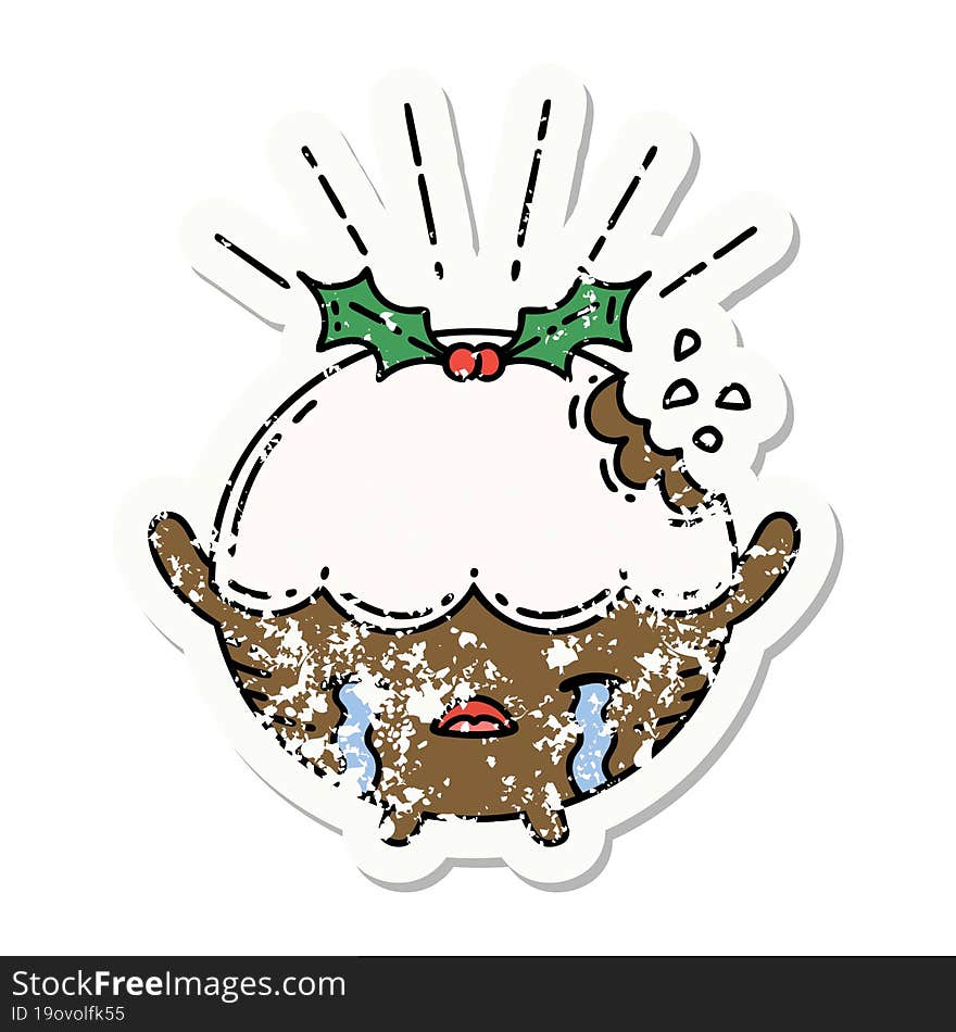 grunge sticker of tattoo style christmas pudding character crying