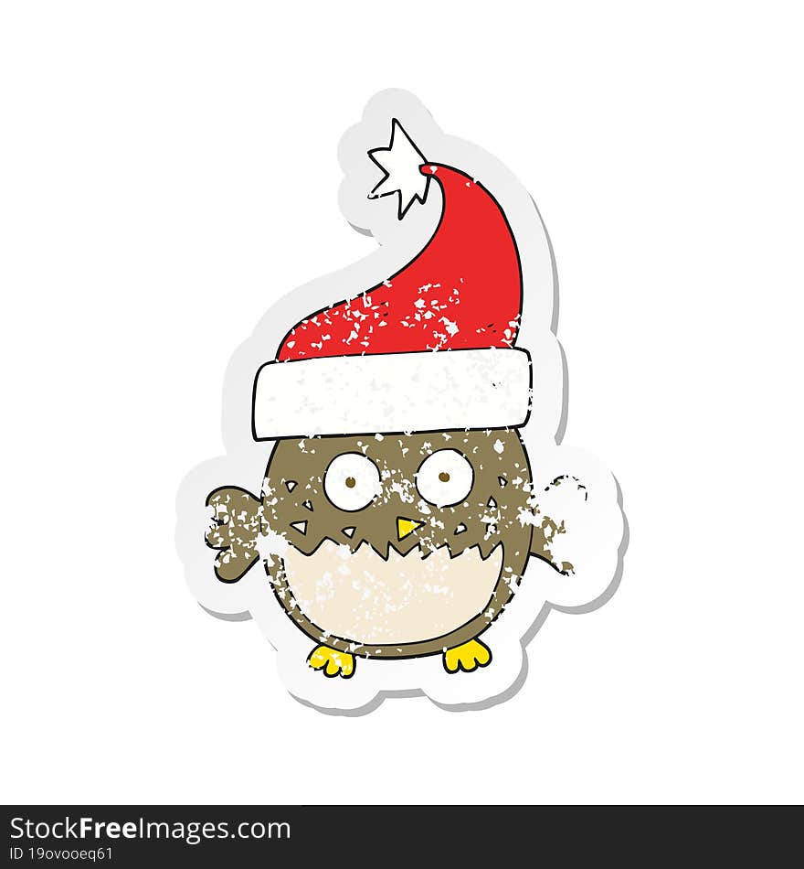 retro distressed sticker of a cartoon owl wearing christmas hat