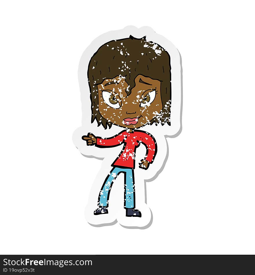 retro distressed sticker of a cartoon relaxed woman pointing