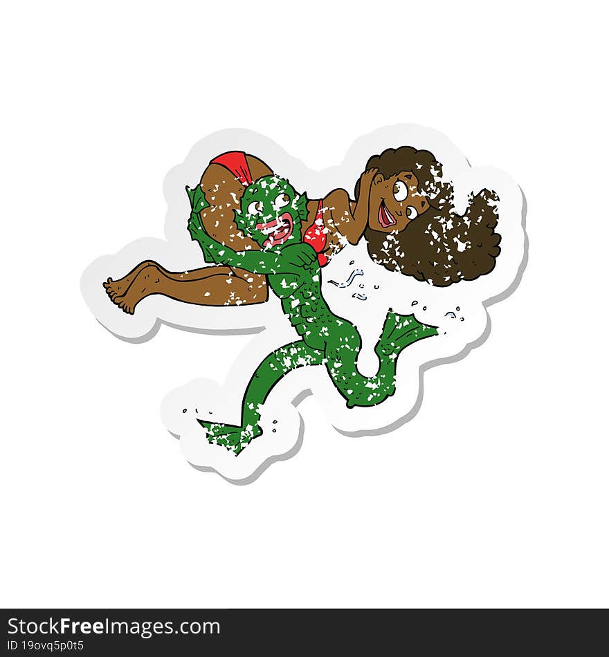 retro distressed sticker of a cartoon swamp monster carrying girl in bikini