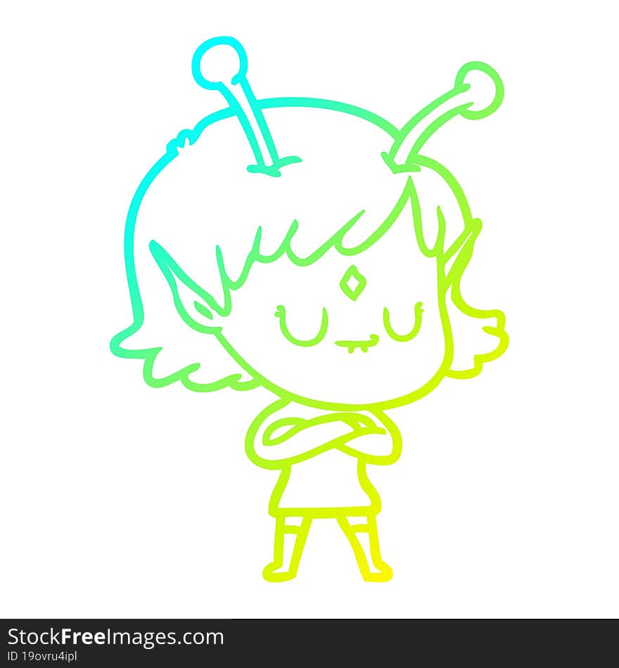 cold gradient line drawing of a cartoon alien girl