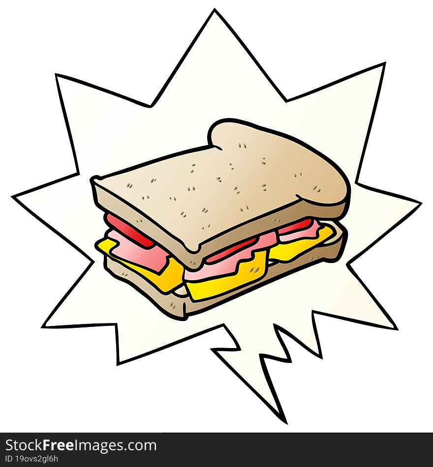 Cartoon Ham Cheese Tomato Sandwich And Speech Bubble In Smooth Gradient Style