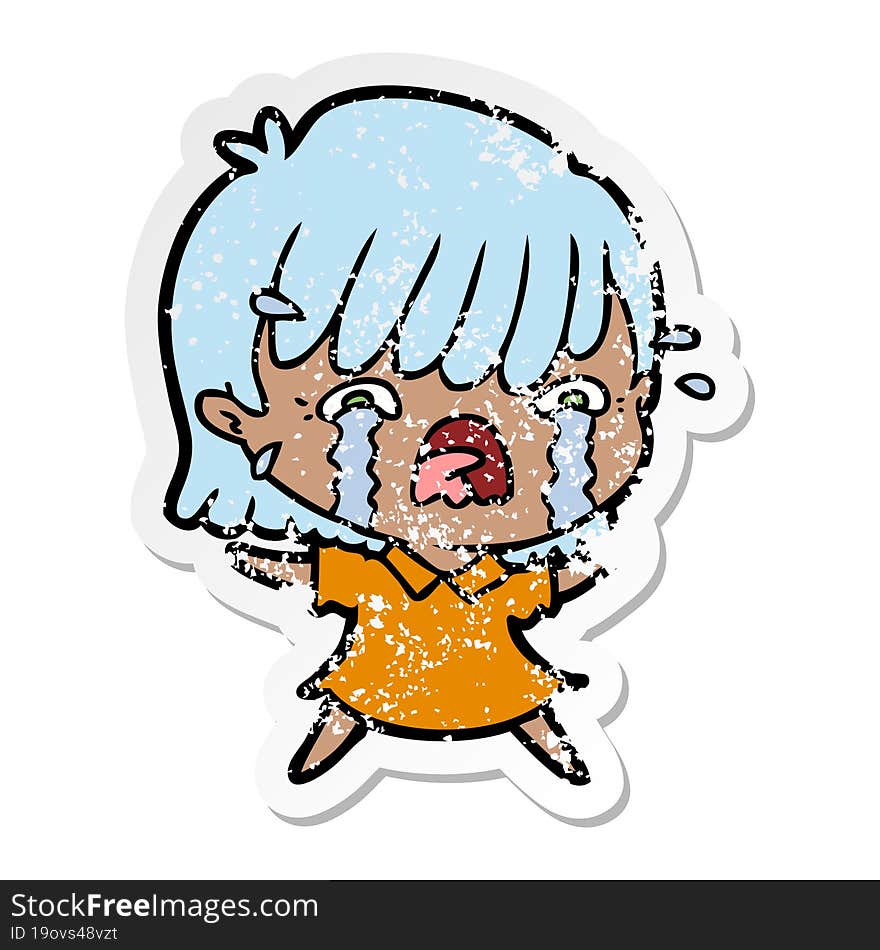 distressed sticker of a cartoon girl crying