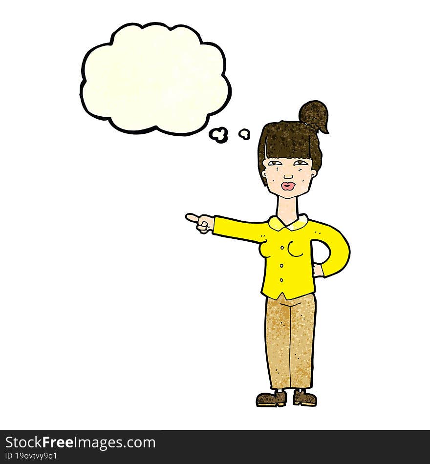 cartoon woman pointing with thought bubble