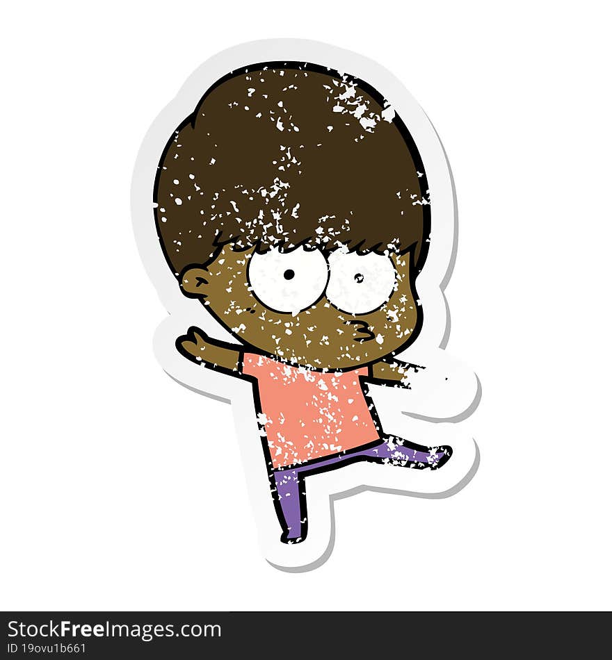 distressed sticker of a nervous cartoon boy dancing