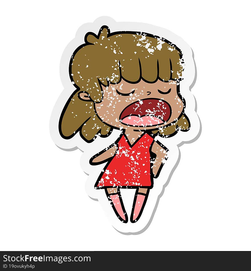 distressed sticker of a cartoon woman talking loudly