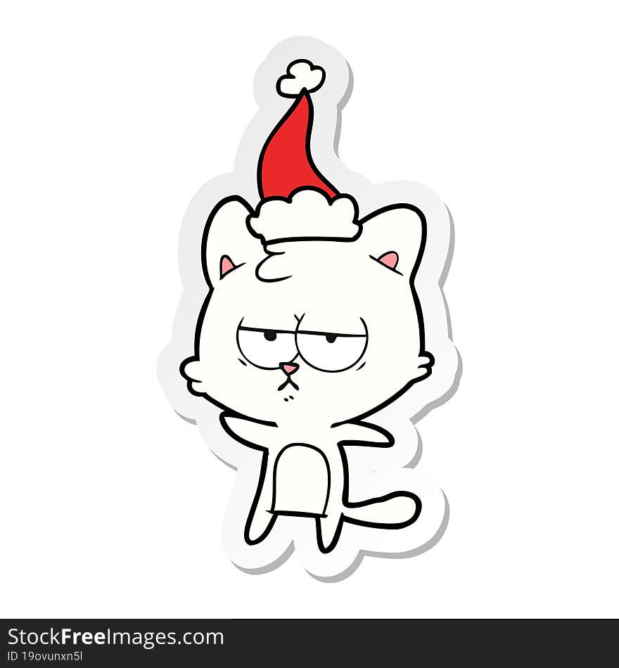 bored hand drawn sticker cartoon of a cat wearing santa hat. bored hand drawn sticker cartoon of a cat wearing santa hat