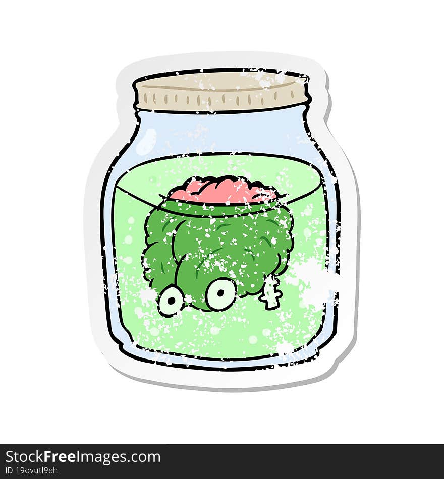 distressed sticker of a cartoon spooky brain in jar