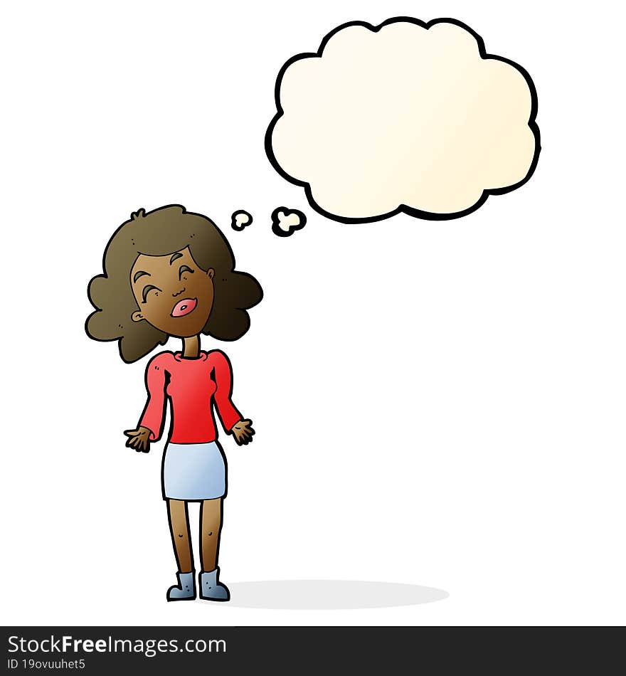 cartoon woman shrugging shoulders with thought bubble