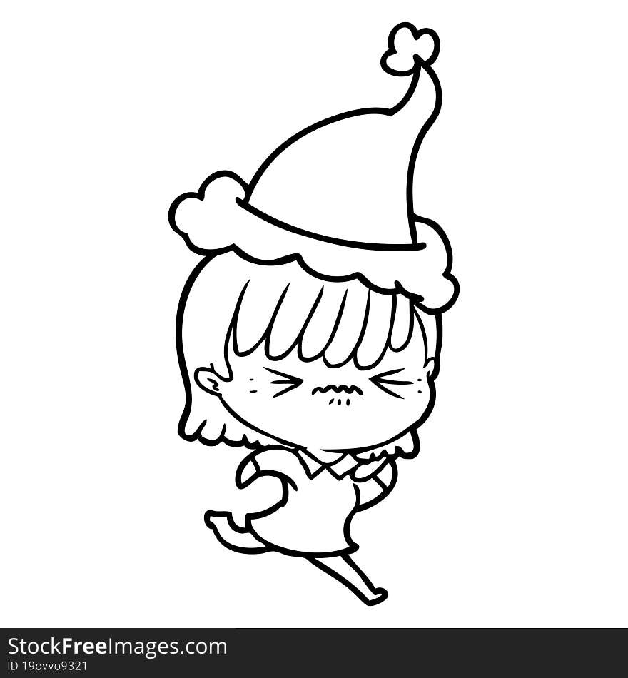 Annoyed Line Drawing Of A Girl Wearing Santa Hat