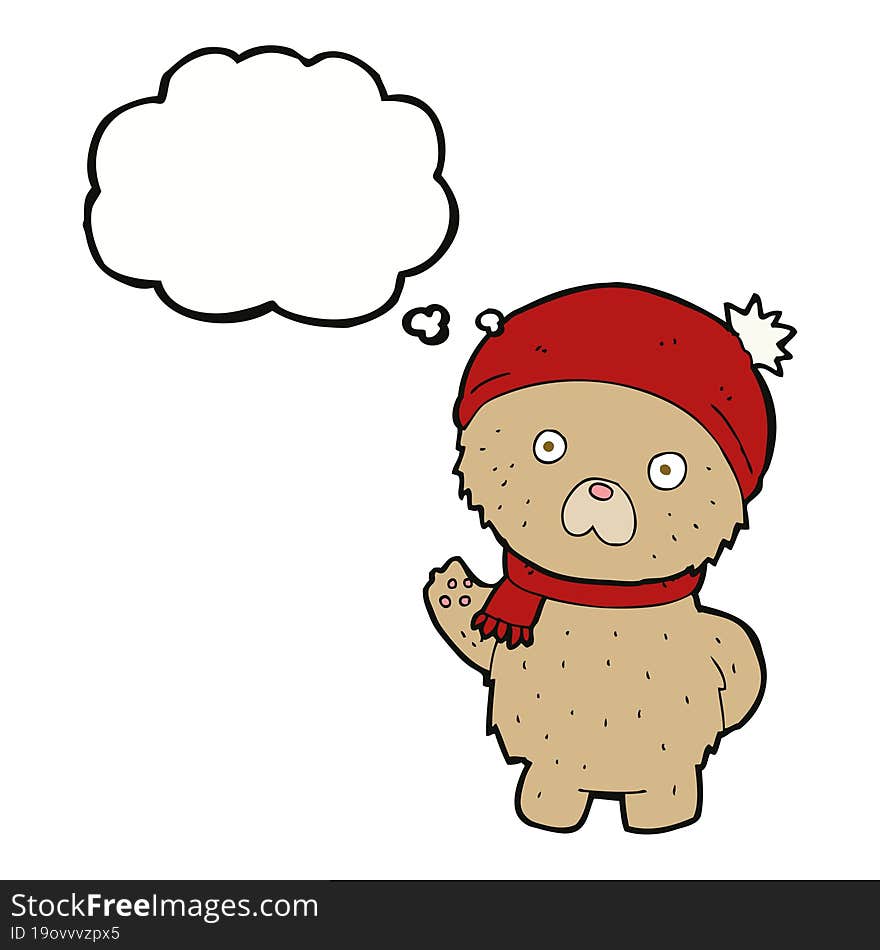 cartoon teddy bear in winter hat and scarf with thought bubble