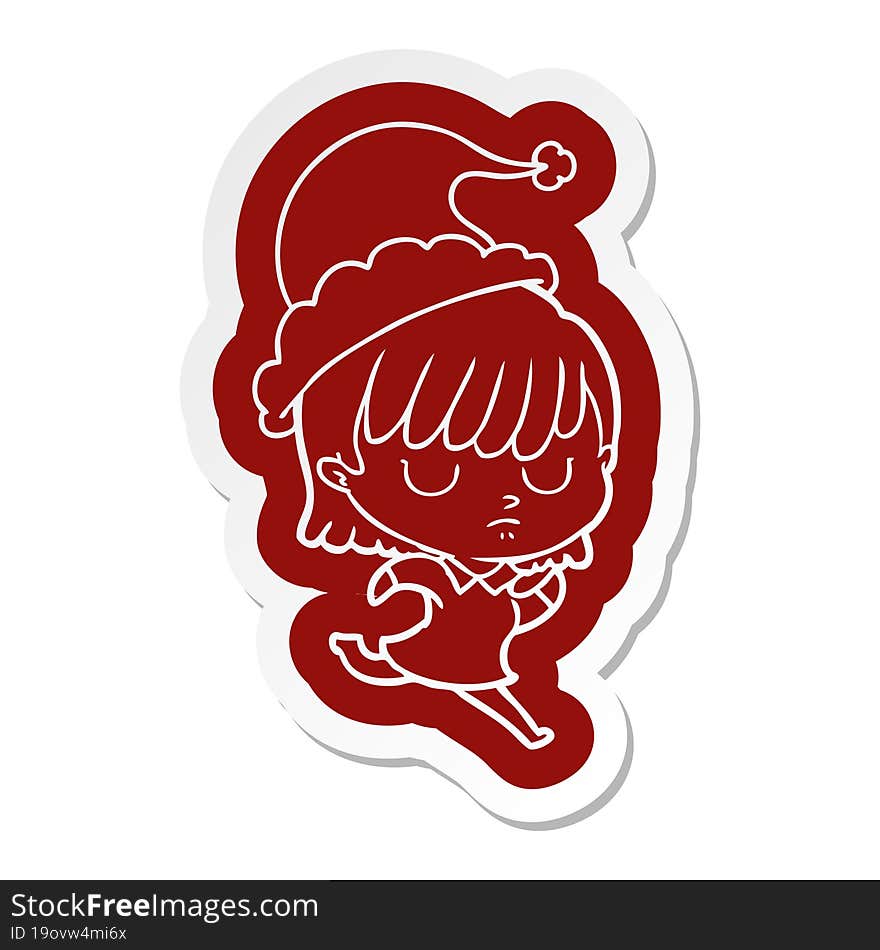 Cartoon  Sticker Of A Woman Wearing Santa Hat