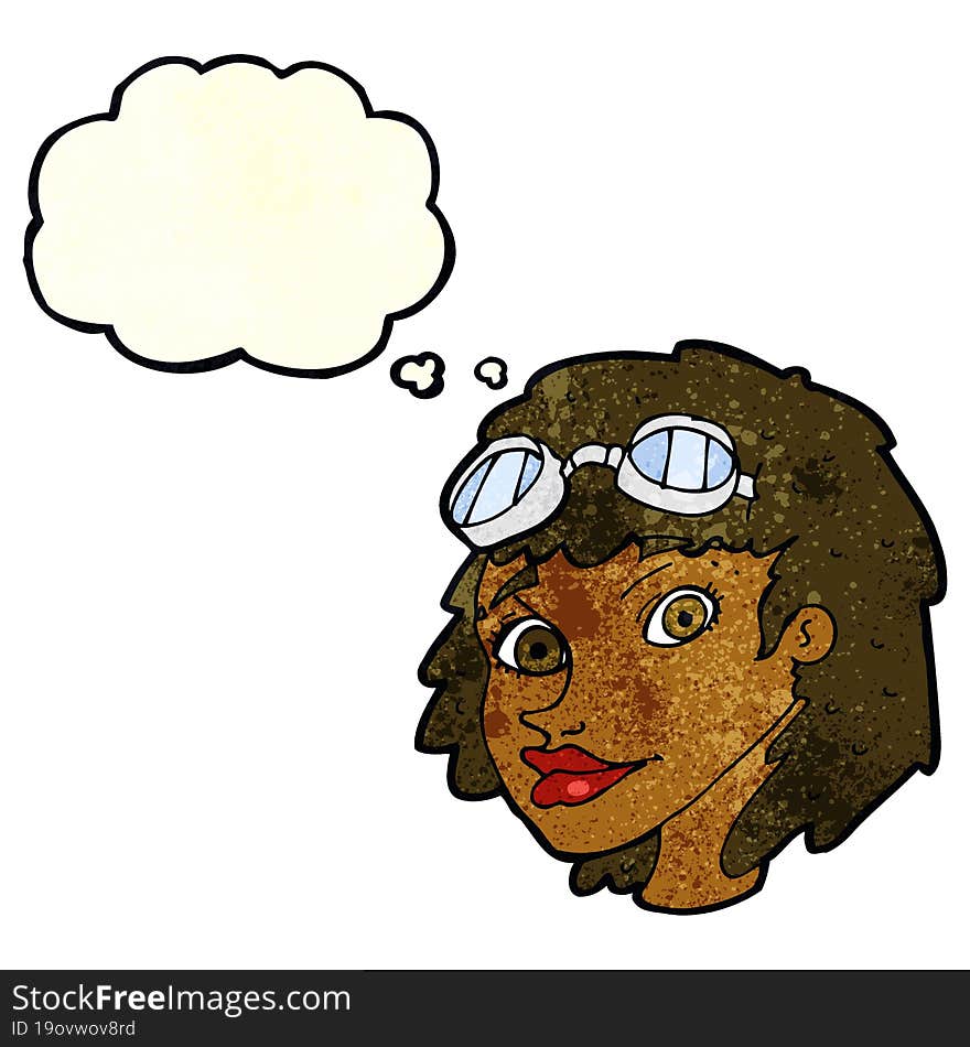 cartoon happy woman wearing aviator goggles with thought bubble