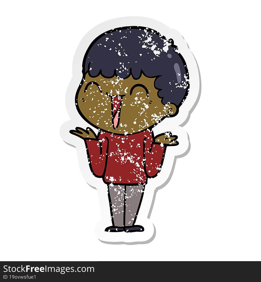 distressed sticker of a cartoon happy man