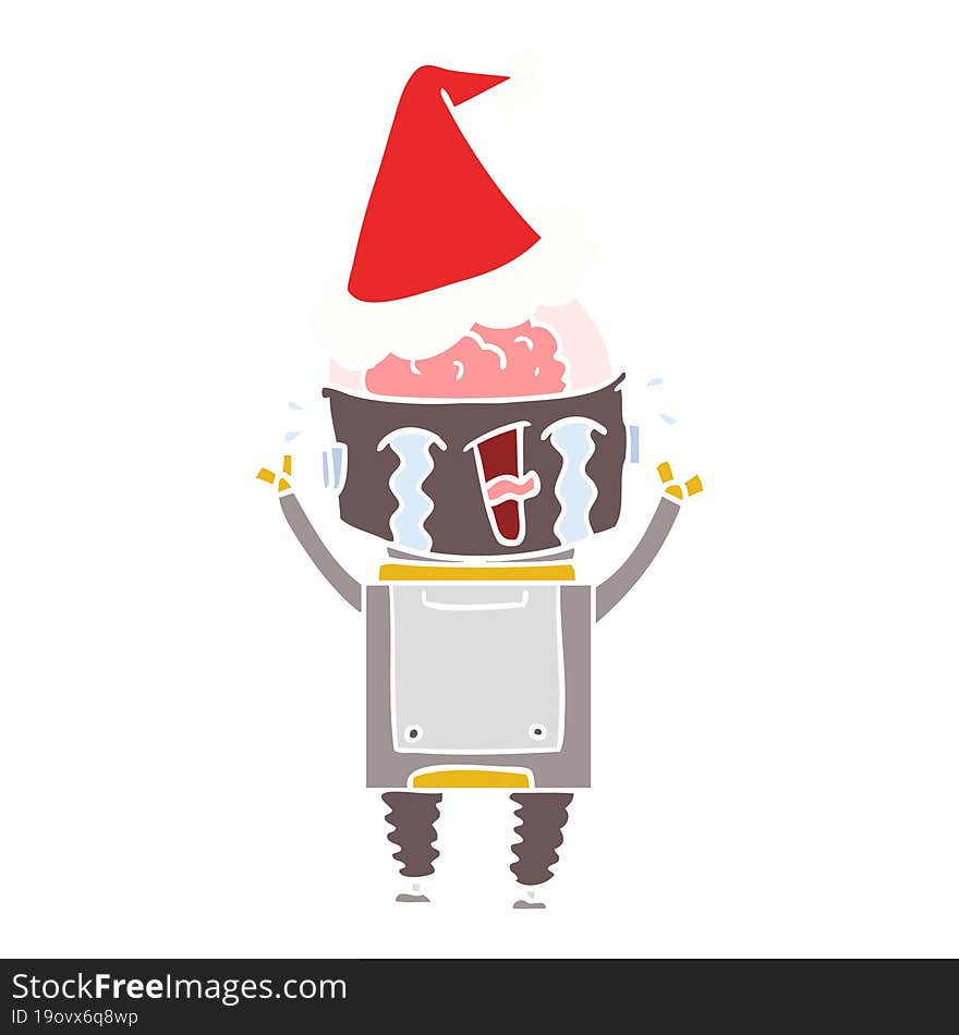 hand drawn flat color illustration of a crying robot wearing santa hat