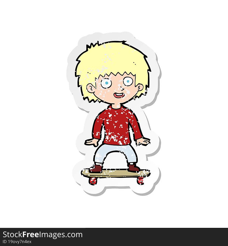 retro distressed sticker of a cartoon boy on skateboard