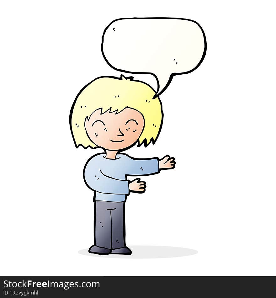 cartoon woman gestureing welcome with speech bubble