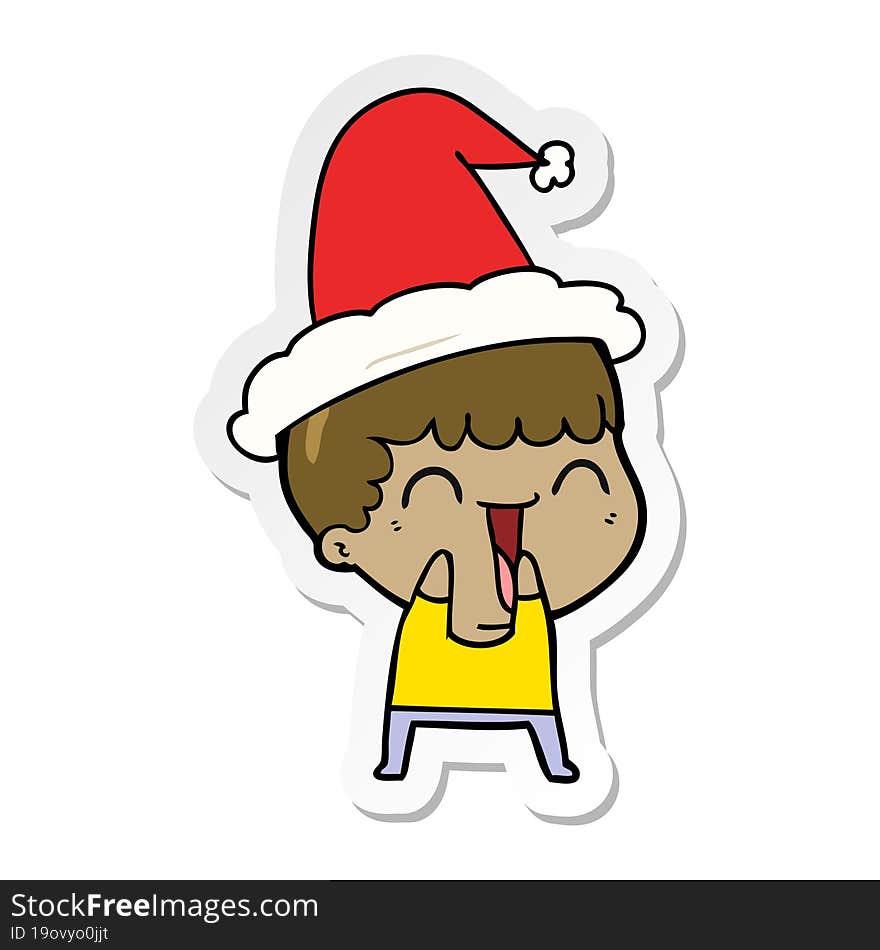 hand drawn sticker cartoon of a happy man wearing santa hat