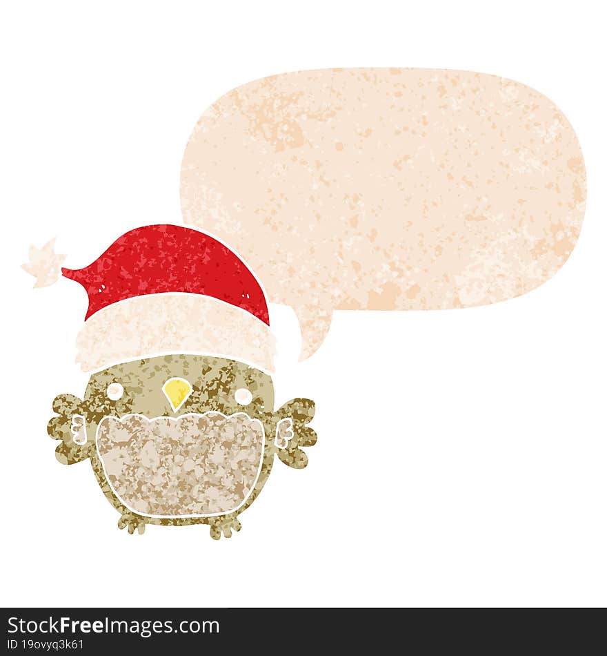 cute christmas owl and speech bubble in retro textured style