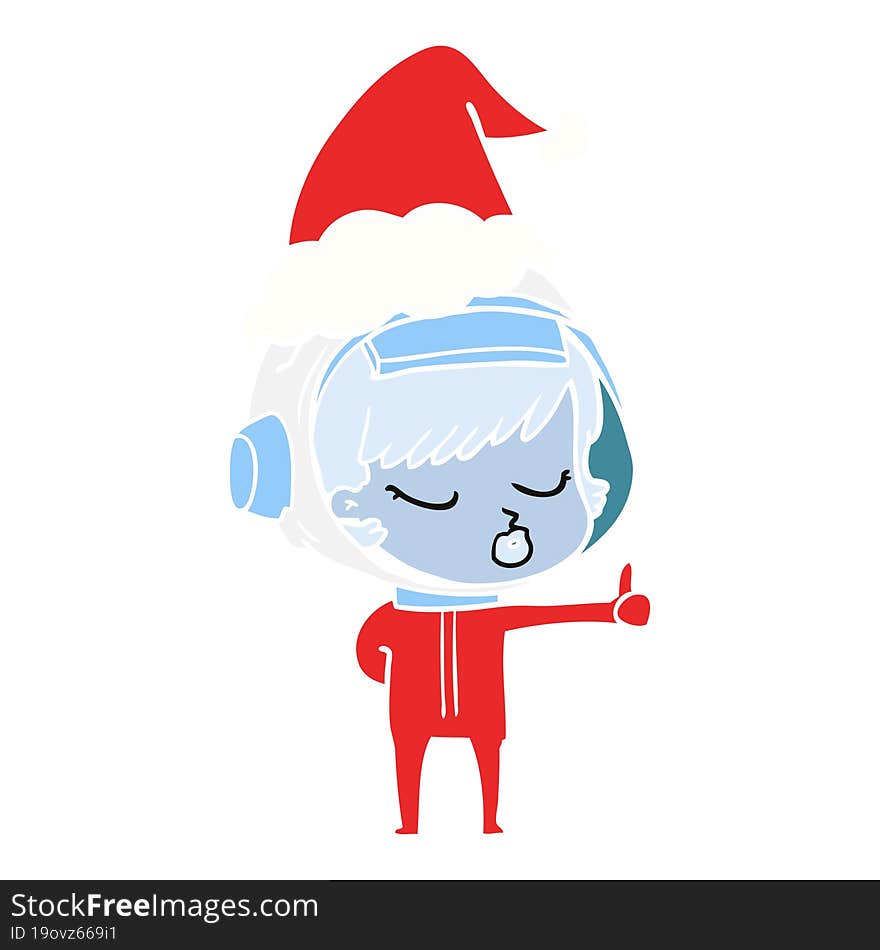 flat color illustration of a pretty astronaut girl giving thumbs up wearing santa hat