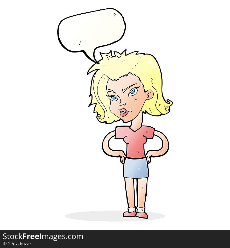 cartoon woman with hands on hips with speech bubble