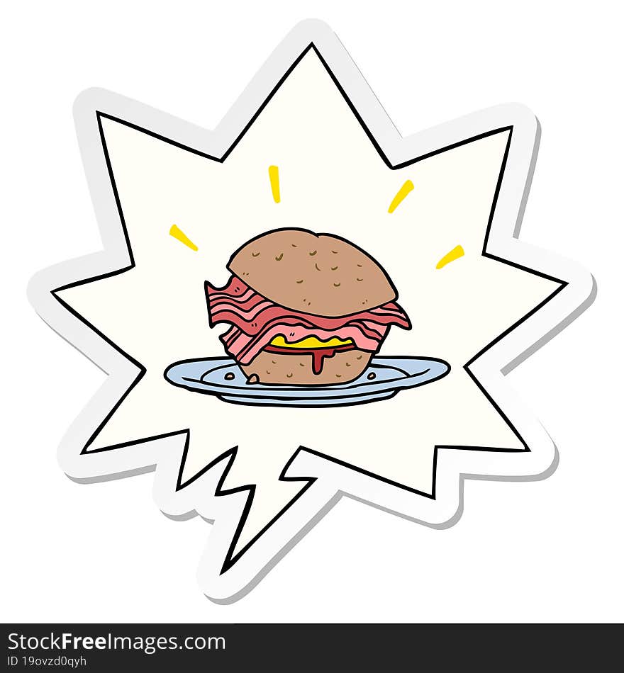 cartoon amazingly tasty bacon breakfast sandwich and cheese and speech bubble sticker