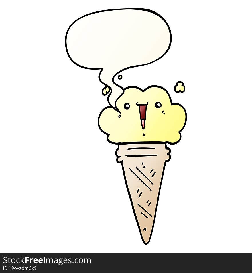 cartoon ice cream and face and speech bubble in smooth gradient style