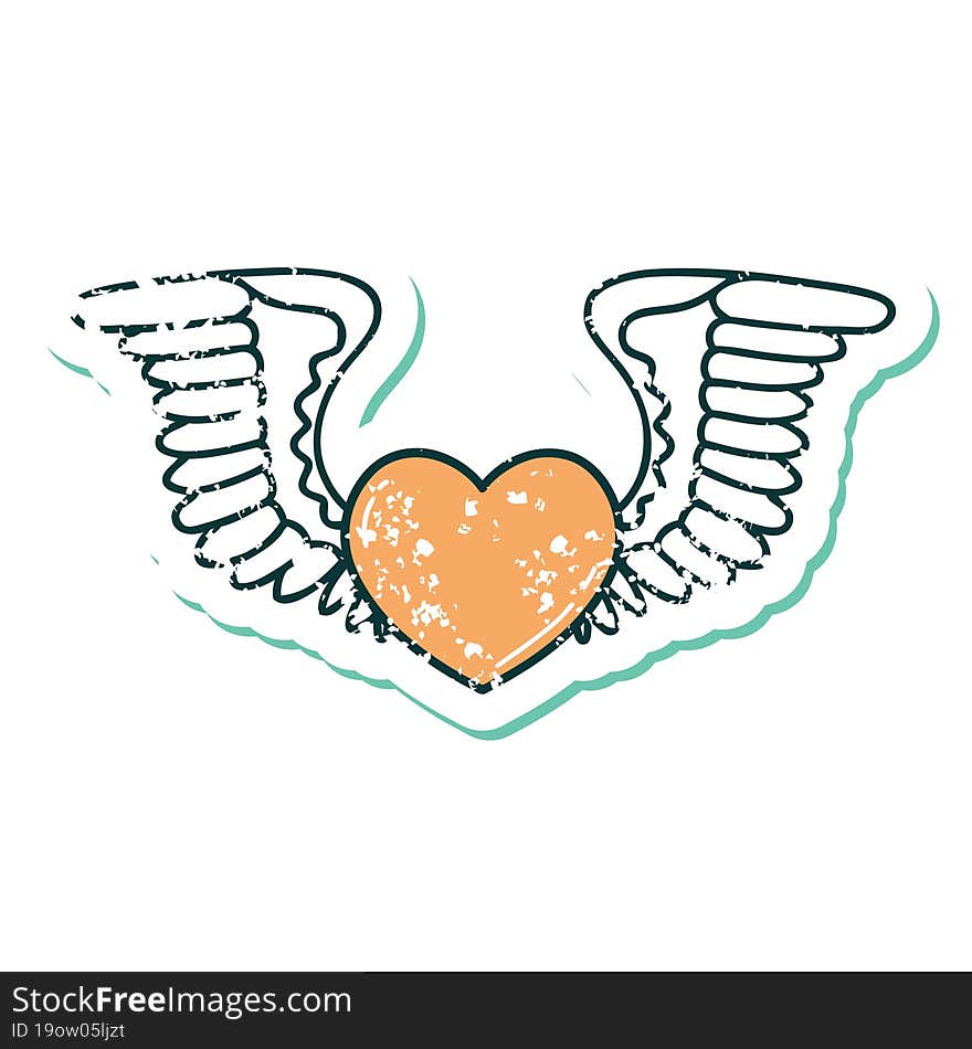 iconic distressed sticker tattoo style image of a heart with wings. iconic distressed sticker tattoo style image of a heart with wings