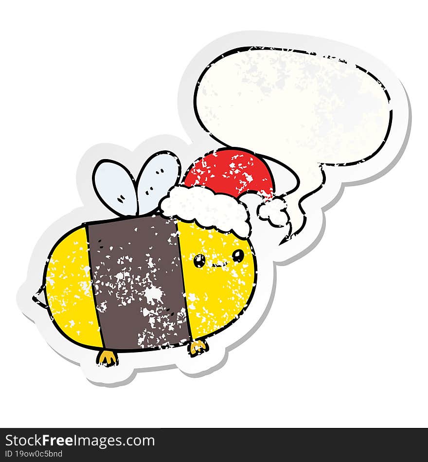 Cartoon Christmas Bee And Speech Bubble Distressed Sticker