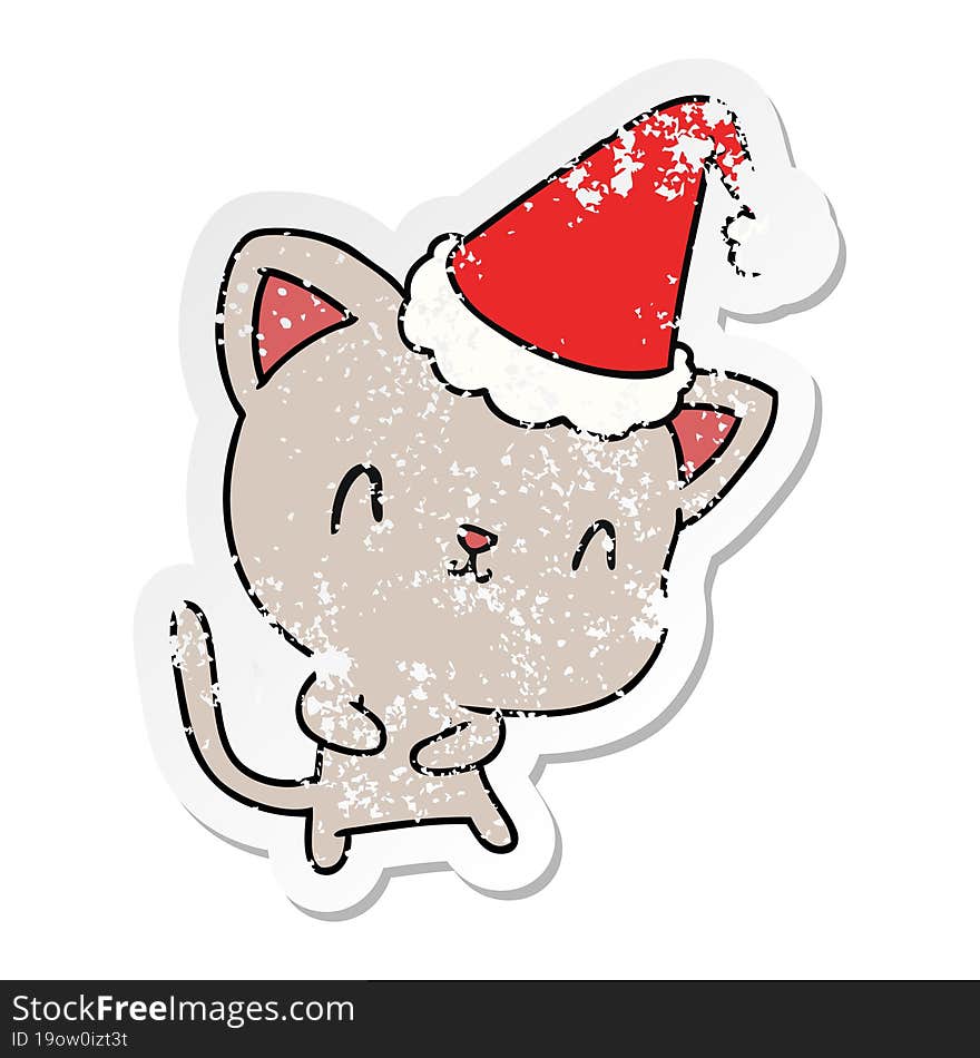 Christmas Distressed Sticker Cartoon Of Kawaii Cat